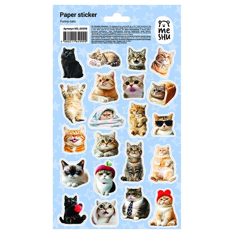 Наклейки бумажные MESHU "Funny cats", 12*21см, ассорти 10шт., европодвес