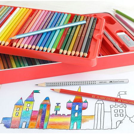 Карандаши цветные Faber-Castell "Замок", 60цв., шестигр., заточ.+2ч/г кар. Grip+ластик+точилка, метал. коробка