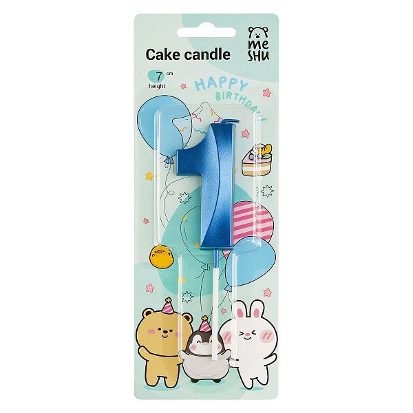 Свеча для торта с держателем MESHU "Цифра "1", 7см, голубая, блистер