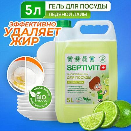 Средство для мытья посуды гипоаллергенное 5 л, SEPTIVIT "Ледяной лайм", биоразлагаемый, 
