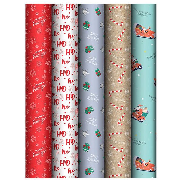 Упаковочная бумага глянц. 70*100см, MESHU "Ho ho", 80г/м2, ассорти 5 дизайнов