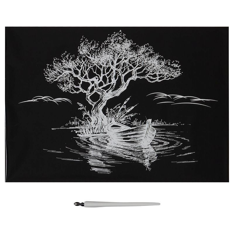 Гравюра с эффектом серебра ТРИ СОВЫ "Лодка", А4