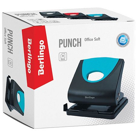 Дырокол Berlingo "Office Soft" 30л., пластиковый, синий, с линейкой