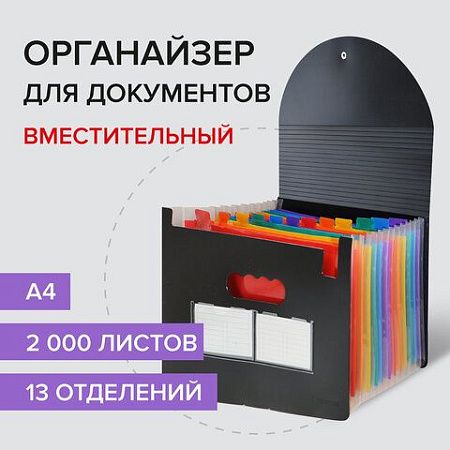 Папка-органайзер для бумаг и документов на резинке, 13 отделений, BRAUBERG DOCS, А4, черная, 271152 