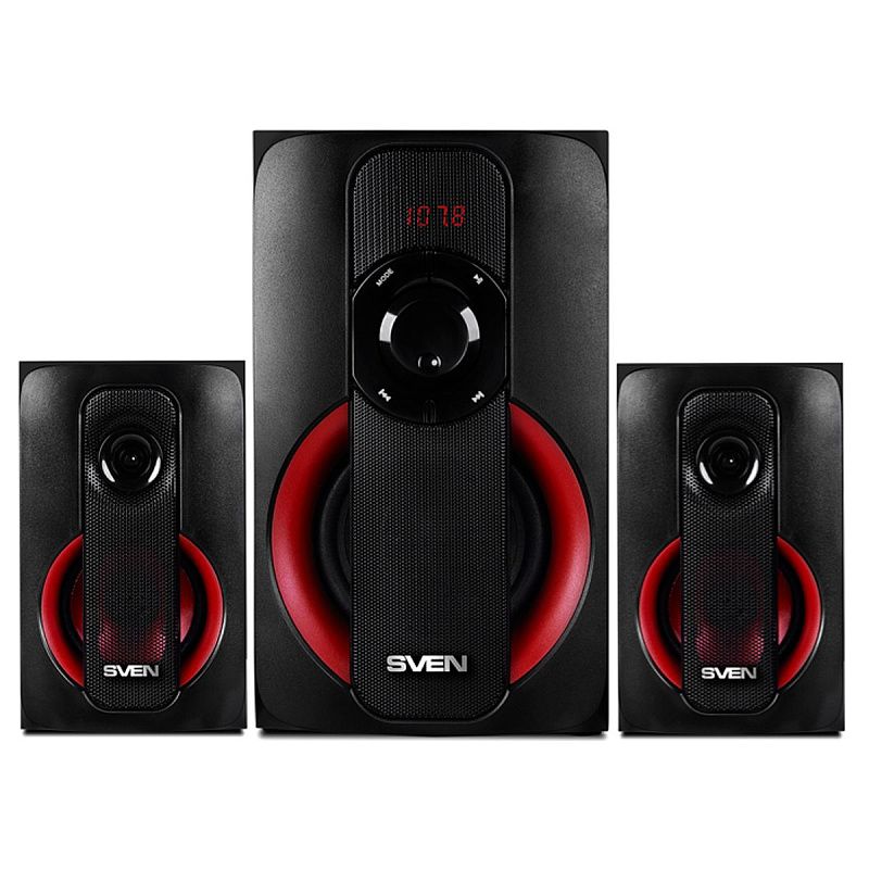 Колонки Sven MS-304, 2*10W+Subwoofer 20W, деревянный корпус, Bluetooth, FM, LED-дисплей, пульт, USB, SD, черный