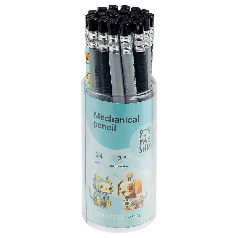 Карандаш механический MESHU "Robopets", печать на корпусе, 2,0мм, софт-тач, ассорти, с точилкой для грифеля 
