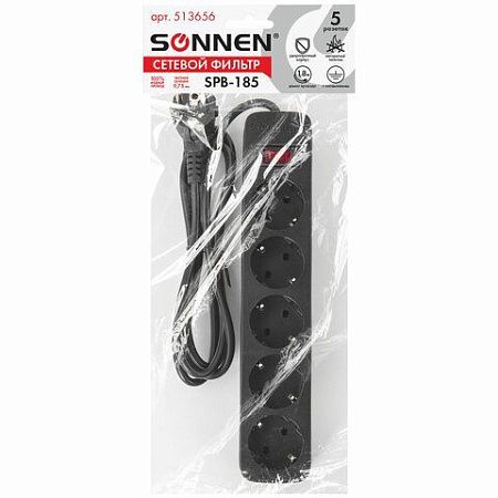 Сетевой фильтр SONNEN SPB-185, 5 розеток с заземлением, выключатель, 10 А, 1,8 м, черный, 513656