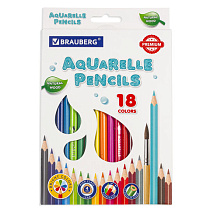 Карандаши цветные акварельные BRAUBERG PREMIUM AQUARELLE, 18 цветов, грифель мягкий 4 мм, 181672