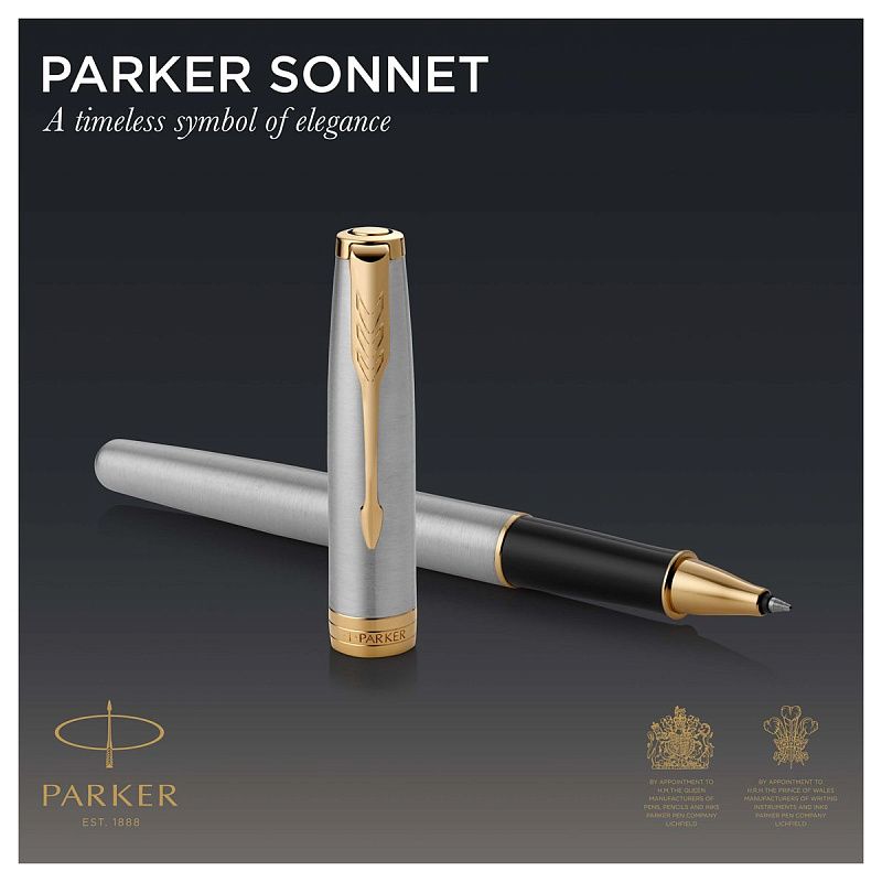 Ручка-роллер Parker "Sonnet Stainless Steel GT" черная, 0,8мм, подарочная упаковка 