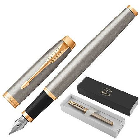 Ручка перьевая PARKER "IM Core Brushed Metal GT", серебристый матовый лак, позолота, синяя, 1931649 