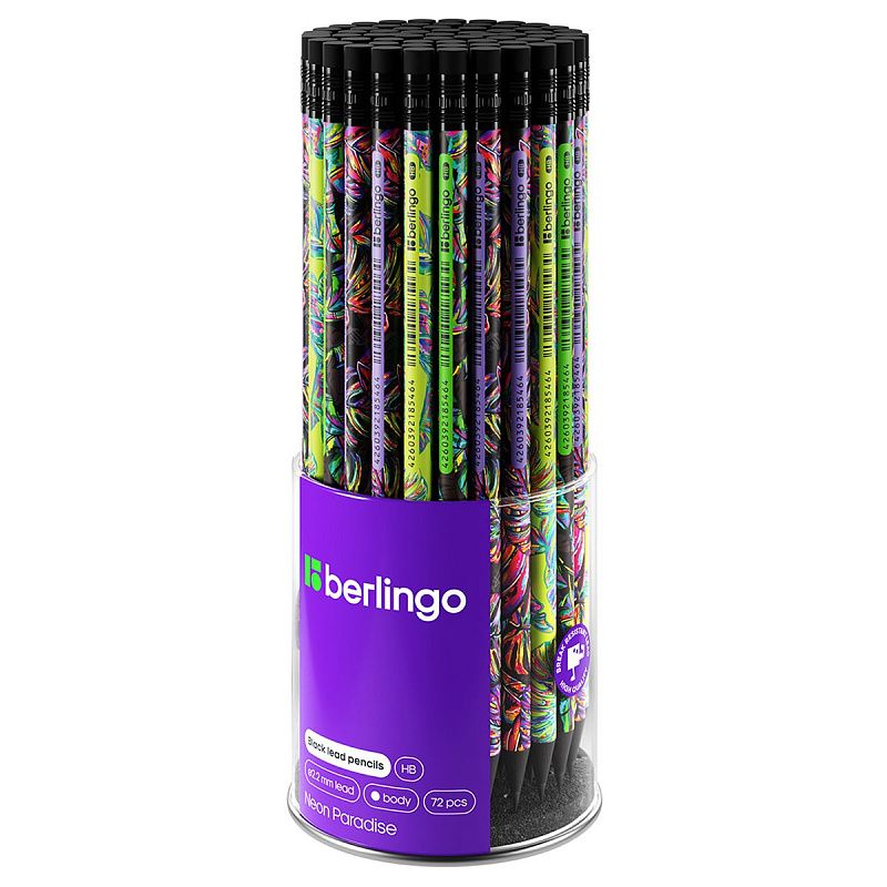 Карандаш ч/г Berlingo "Neon Paradise" HB, черное дерево, круглый, заточен., с ластиком, ассорти 