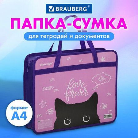 Папка на молнии с ручками BRAUBERG А4, 1 отделение, пластик, 80 мм, "Black Cat", 270122 