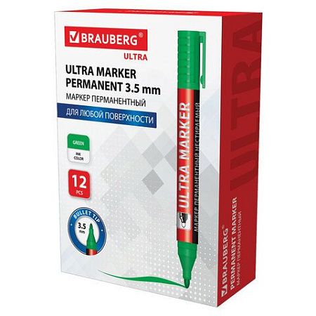Маркер перманентный ULTRA MARKER, ЗЕЛЕНЫЙ, 3,5 мм, с клипом, BRAUBERG, 152207 