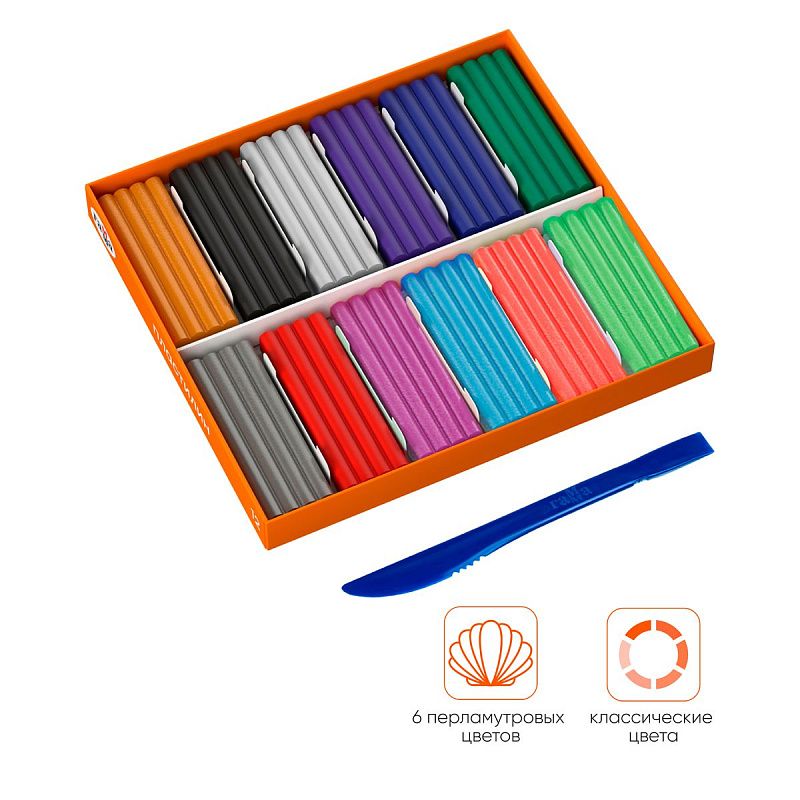 Пластилин Гамма "Оранжевое солнце", 12 цветов (6 классич., 6 перл.), 156г, со стеком, картон. упаковка