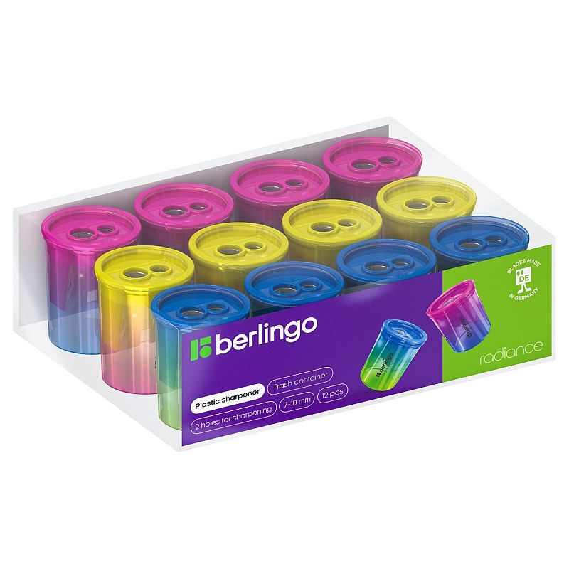 Точилка пластиковая Berlingo "Radiance" 2 отверстия, контейнер, ассорти 