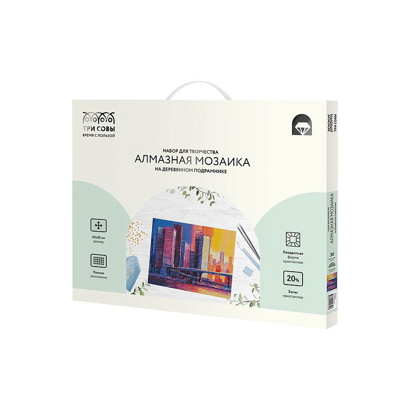 Алмазная мозаика ТРИ СОВЫ "Мегаполис", 40*50см, холст на деревянном подрамнике, картонная коробка с пластиковой ручкой