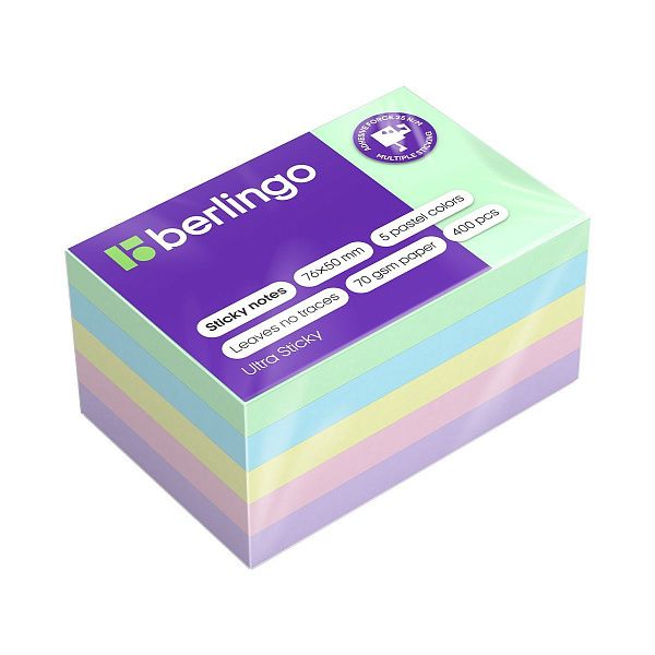Самоклеящийся блок Berlingo "Ultra Sticky", 76*50мм, 400 листов, 5 пастельных цветов