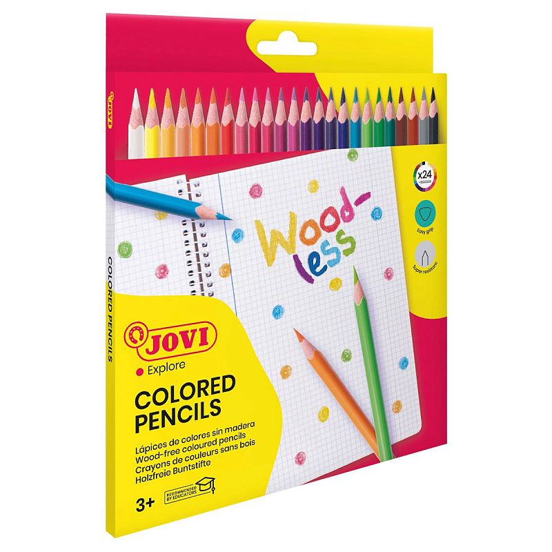Карандаши цветные пластиковые JOVI "Wood-less", 24цв., трехгран., заточен., картон, европодвес