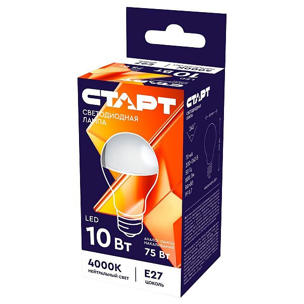 Лампа светодиодная Старт LED, серия "WS" 10W40, тип А "груша", E27, 4000К, нейтральный свет, 25000ч