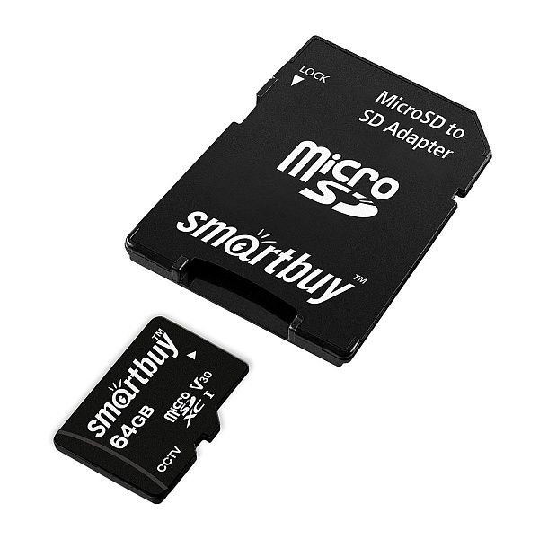 Карта памяти SmartBuy MicroSDXC 64GB UHS-1, Class 10, скорость чтения 95Мб/сек, для видеонаблюдения (с адаптером SD)