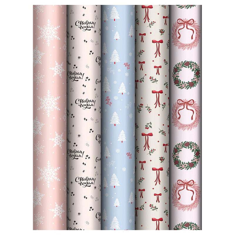 Упаковочная бумага глянц. 70*100см, MESHU "Christmas wreath", 80г/м2, ассорти 5 дизайнов