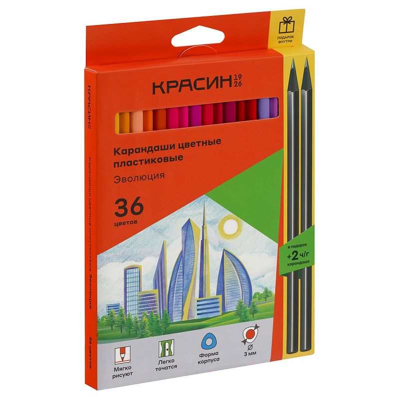 Карандаши цветные пластиковые Красин "Эволюция", 36цв.+2 ч/г HB, заточен., картон, европодвес