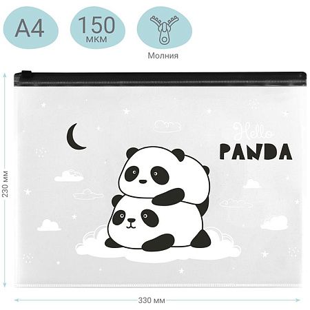 Папка-конверт на zip-молнии MeShu "Hello Panda", А4, 150мкм, прозрачная с рисунком 