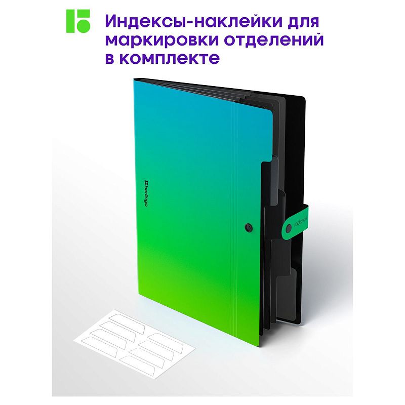 Папка 5 отделений Berlingo "Radiance", А4, 600мкм, на кнопке, голубой/зеленый градиент 