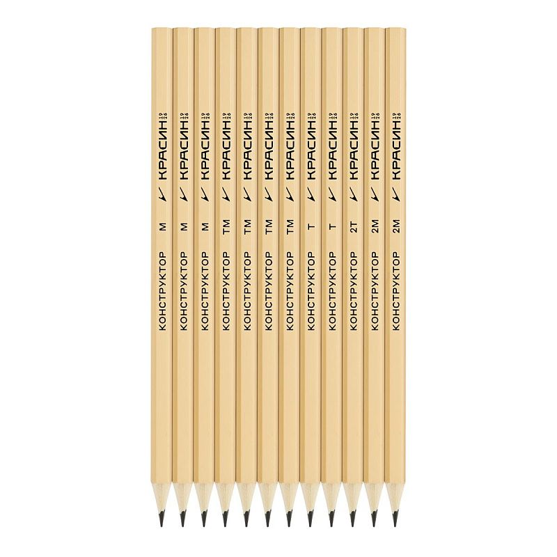Набор карандашей ч/г Красин "Конструктор" 12шт., 2Т (2Н), Т (Н)-2, ТМ (НВ)-4, М (В)-3, 2М (2В)-2, шестигран., заточен., ПП пакет, европодвес 