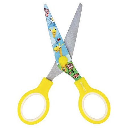 Ножницы BRAUBERG "Kid Series", 130 мм, жёлтые, с цветной печатью "Жирафы", закругленные, 232269 