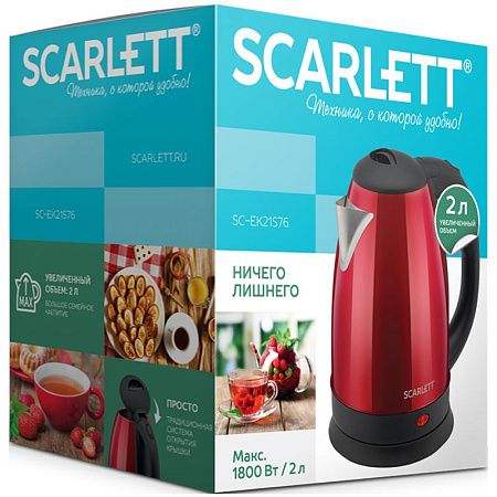 Чайник электрический Scarlett SC-EK21S76, 2л, 1800Вт, нержавеющая сталь, красный