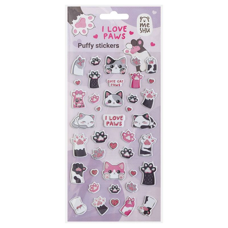 Наклейки объемные MESHU "Love Paws", 10*23см, с блестками, инд. уп., европодвес