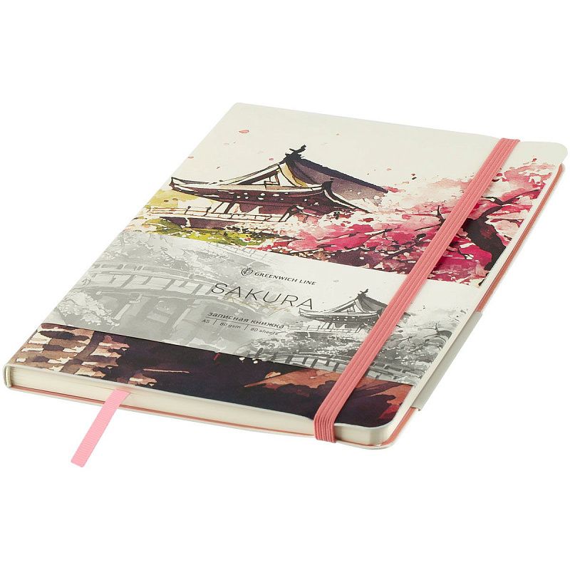 Записная книжка А5 80л. ЛАЙТ, кожзам, Greenwich Line "Sakura. Karahafu", с резинкой, тиснение фольгой, блок в линию