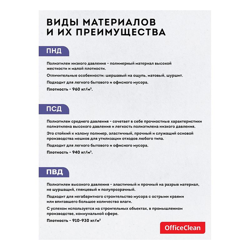 Мешки для мусора 60л OfficeClean ПНД, 60*76см, 14мкм, 20шт., прочные, синие, в рулоне, с ушками