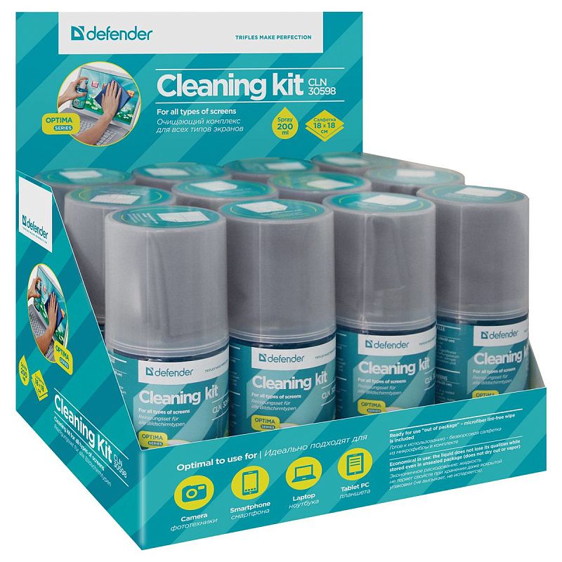 Очищающий комплекс для экранов и мониторов всех типов Defender CLN 30598 "Optima", 200мл + салфетка из микрофибры 18*18см