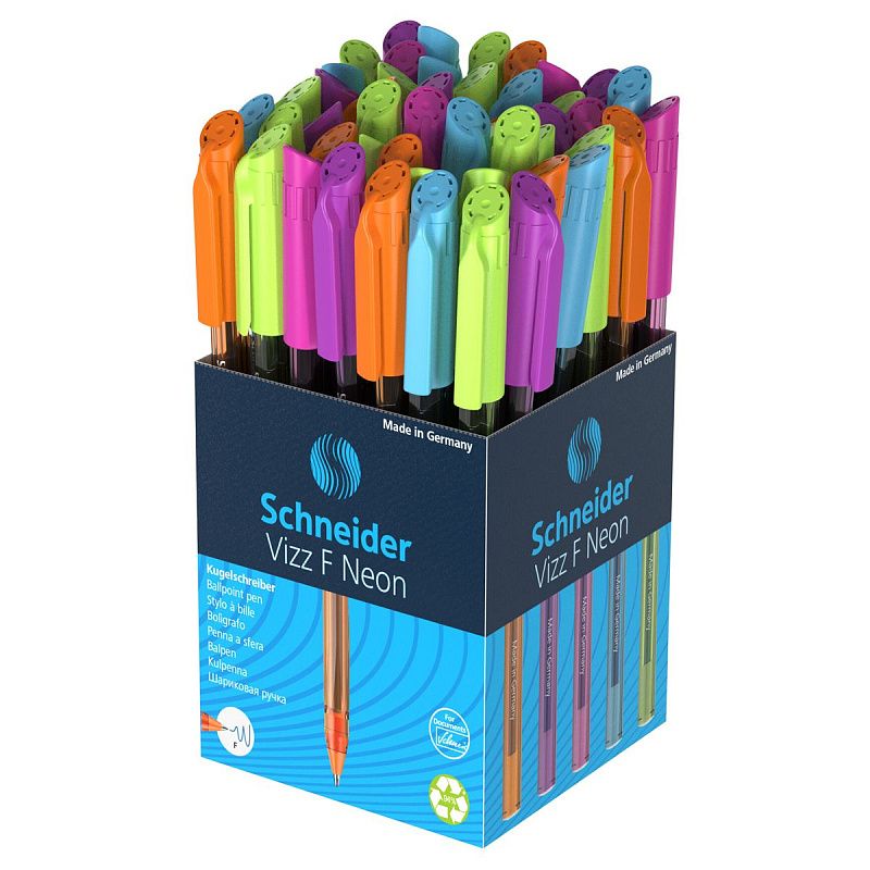 Ручка шариковая Schneider "Vizz F Neon" синяя, 0,8мм, прозрачный корпус неон ассорти 