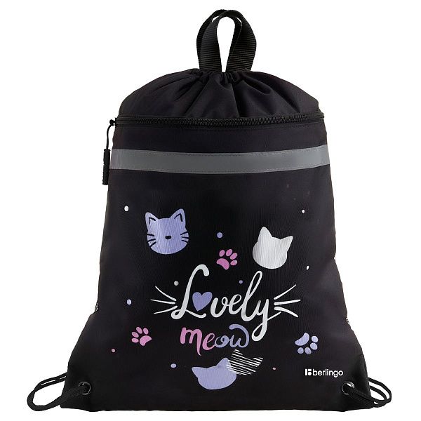 Мешок для обуви 1 отделение Berlingo "Lovely Meow", 360*460мм, вентиляционная сеточка , светоотражающая лента, карман на молнии