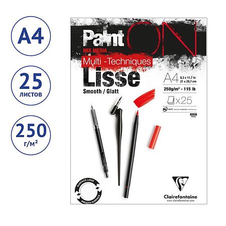 Скетчбук - альбом для смешанных техник 25л., А4, на склейке Clairefontaine "Paint'ON Smooth", белый, 250г/м2