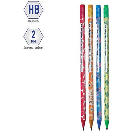 Карандаш ч/г Berlingo "Flowers" HB, круглый, заточен., с ластиком, пластик., ассорти 