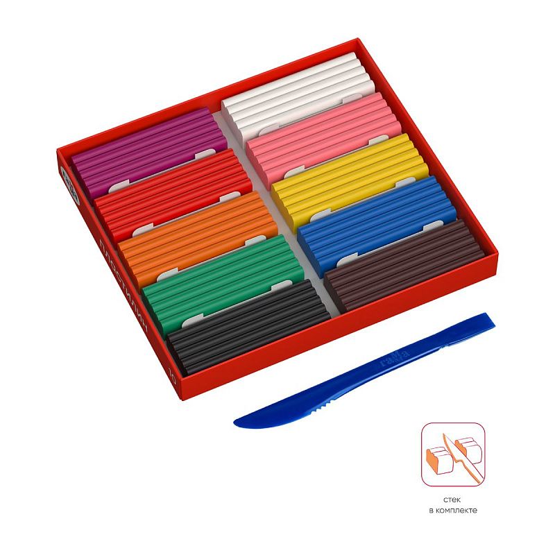 Пластилин Гамма "Мультики", 10 цветов, 200г, со стеком, картон. упаковка