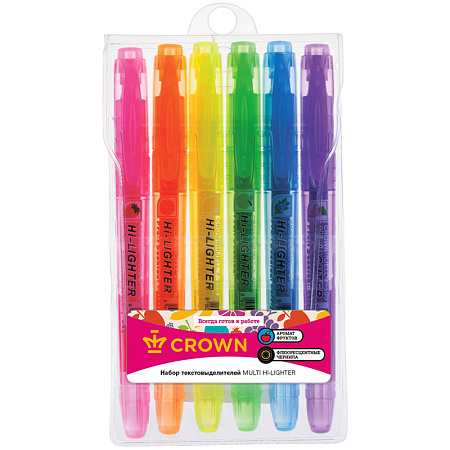 Набор текстовыделителей Crown "Multi Hi-Lighter Aroma" 06цв., 1-4мм, ароматиз., чехол с европодвесом