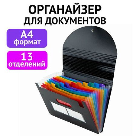 Папка-органайзер для бумаг и документов на резинке, 13 отделений, BRAUBERG DOCS, А4, черная, 271152 