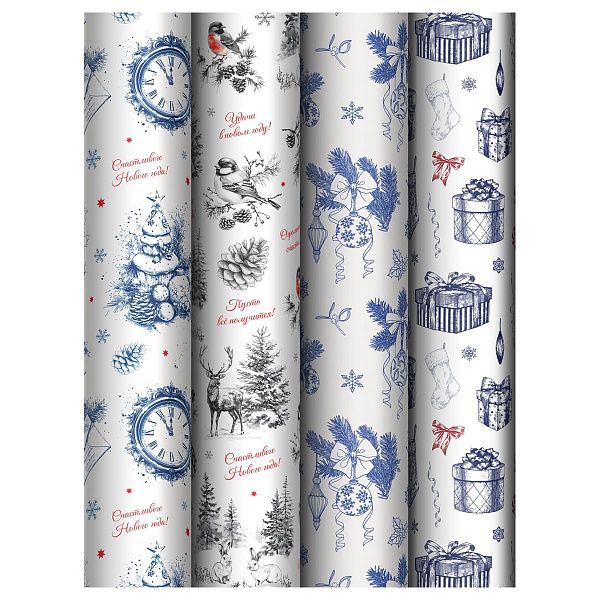 Упаковочная бумага глянц. 70*100см, MESHU "Christmas Eve", 80г/м2, ассорти 4 дизайна