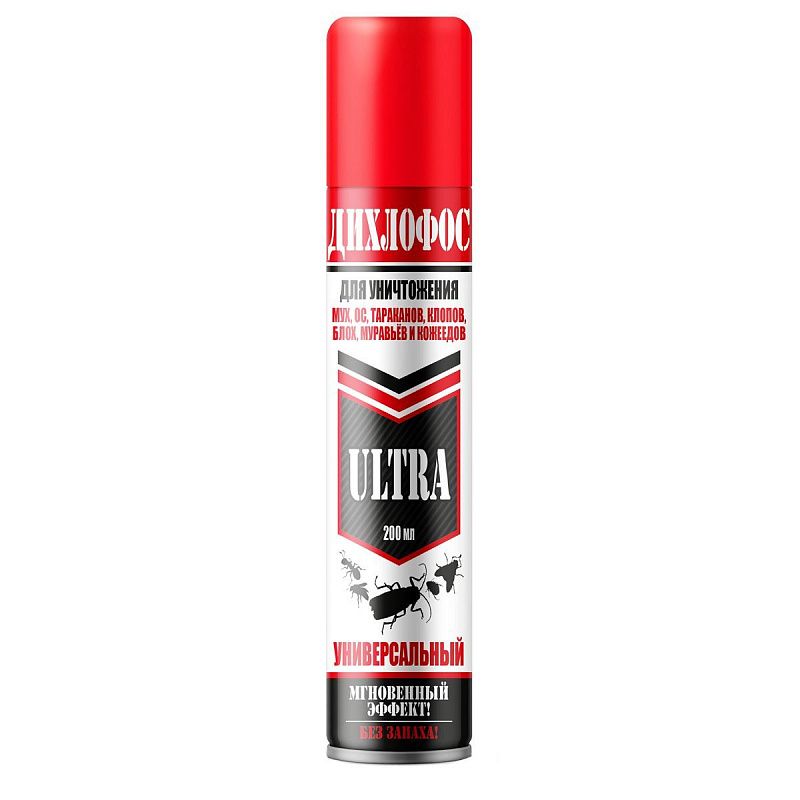 Аэрозоль от летающих и ползающих насекомых "Дихлофос Ultra", 200мл, красный 