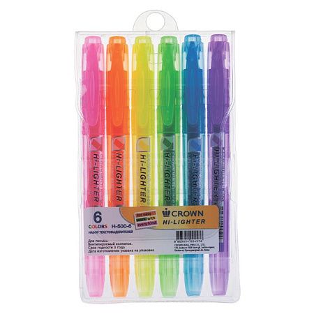 Набор текстовыделителей Crown "Multi Hi-Lighter" 06цв., 1-4мм, чехол с европодвесом 