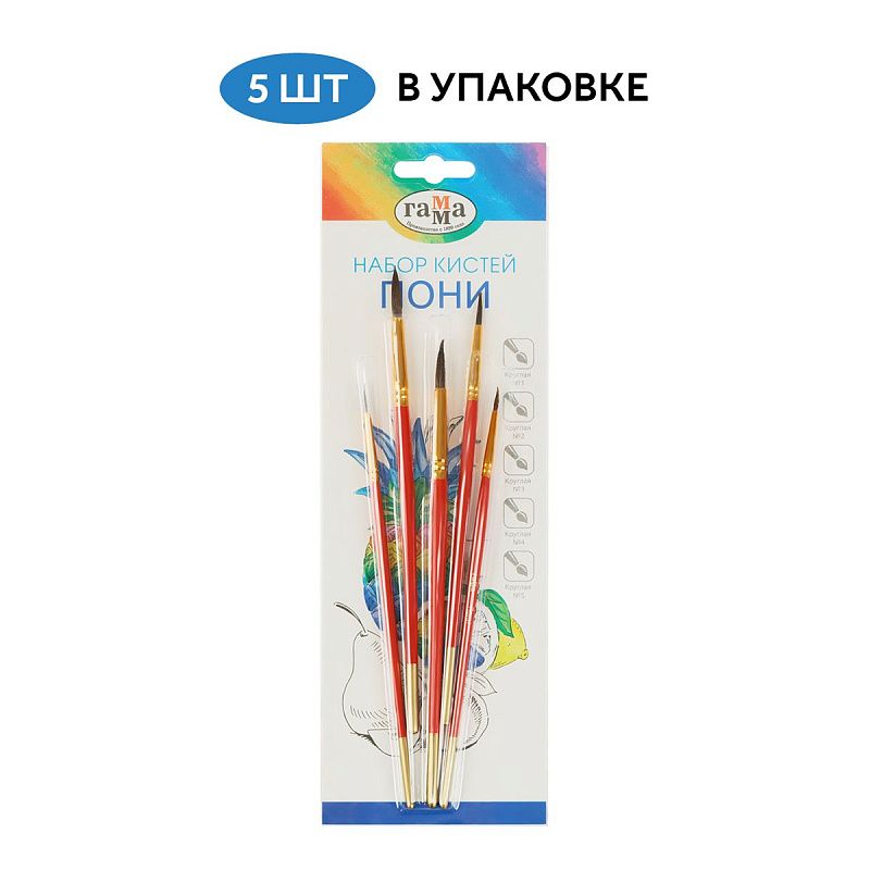 Набор кистей Гамма "Классические" 5шт., пони, круглые № 1, 2, 3, 4, 5, блистер, европодвес