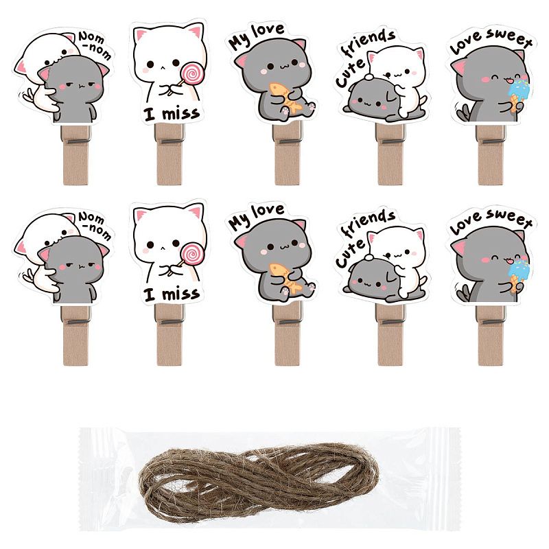 Зажимы для бумаг 7мм, MESHU "Best Friends" , 10шт., деревянные, ассорти, опп пакет с европодвесом, веревка в комплекте