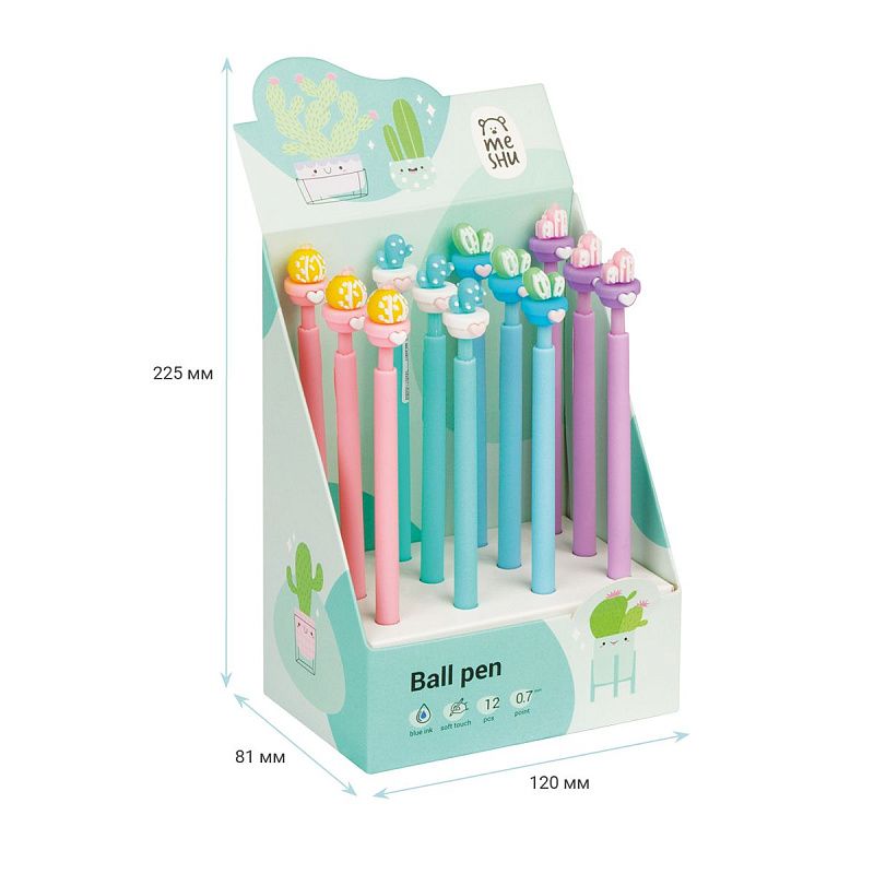 Ручка шариковая автоматическая MESHU "Lovely Cactus" синяя, 0,7мм, корпус ассорти, с топпером 