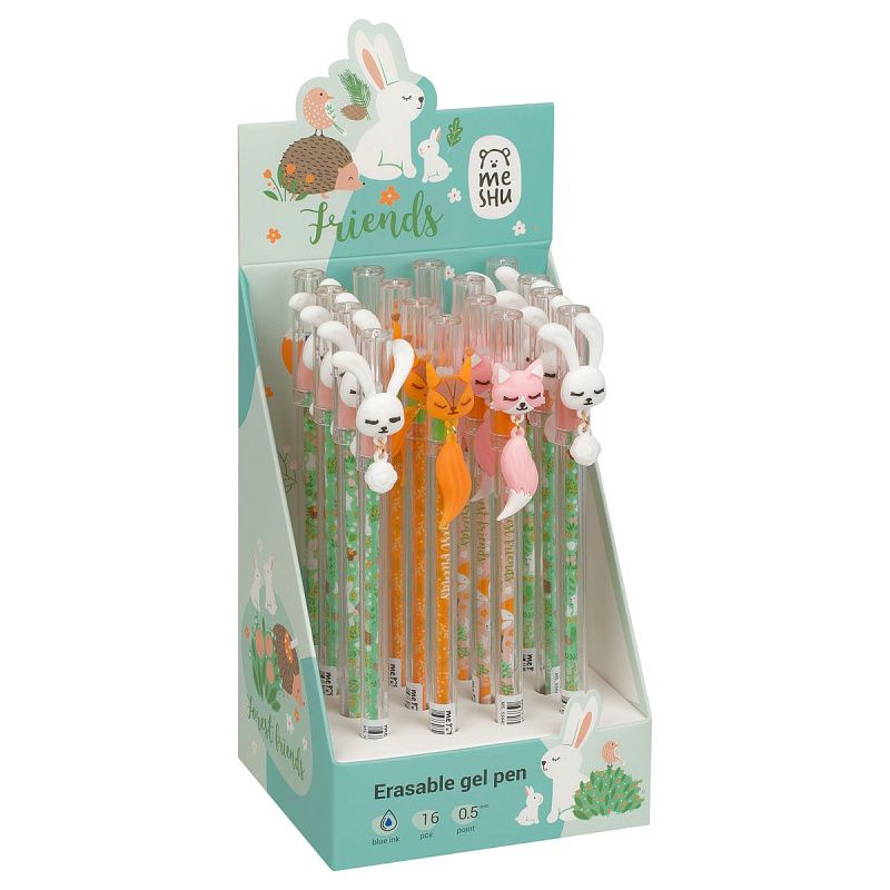 Ручка гелевая стираемая MESHU "Lovely animals" синяя, 0,5мм, корпус ассорти, с топпером 