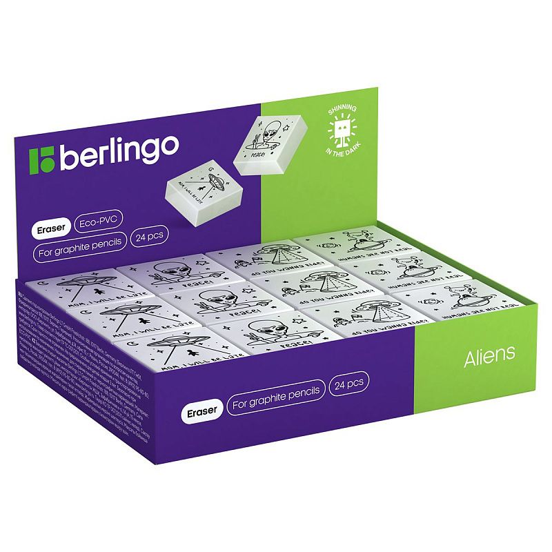 Ластик Berlingo "Aliens", прямоугольный, 28*28*12мм, флуоресцентный 